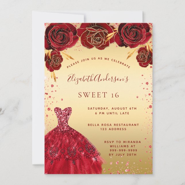 Sweet 16 goldfarbene Glitzer Kleid glamourös Einladung (Vorderseite)