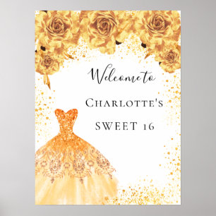 Sweet 16 goldfarbene Kleiderfloralen Party Empfang Poster