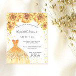 Sweet 16 Goldkleid Blumenweißer Haushalt Einladung Flyer<br><div class="desc">Bitte beachten Sie, dass diese Einladung auf Flyer Papier und sehr dünn ist. Umschläge sind nicht enthalten. Für dickere Einladungen (gleiche Gestaltung) besuchen Sie bitte unseren Shop. Eine moderne, stilvolle und glamouröse Einladung zu einer Sweet 16. Geburtstagsfeier. Ein weißer Hintergrund mit Imitaten goldenen Glitzer Staub, ein Kleid und Rose, Blumensträuße....</div>