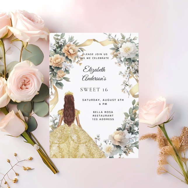 Sweet 16 Goldkleidung gelbe Florale Einladung (Von Creator hochgeladen)