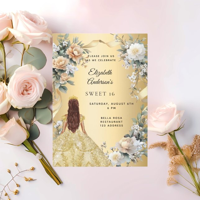 Sweet 16 Goldkleidung gelbe Florale Einladung (Von Creator hochgeladen)