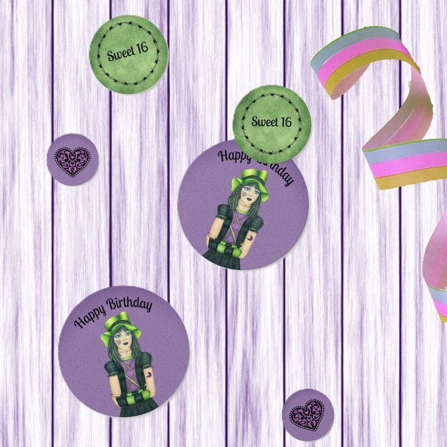 Sweet 16 Goth Girl Birthday Green Lila Spooky Konfetti (Sweet 16 birthday Goth girl green hat tattoos on purple and green table confetti with hearts.)