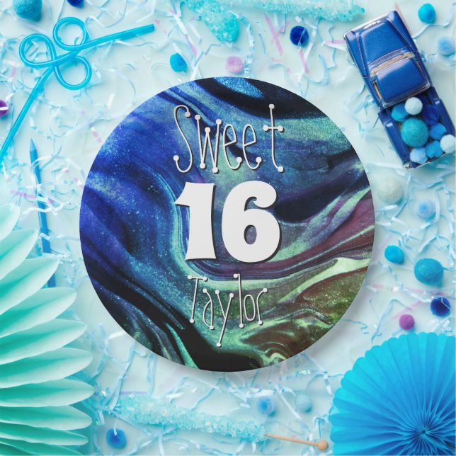 Sweet 16 Green & Blue Marble Personalized Pappteller (Party)