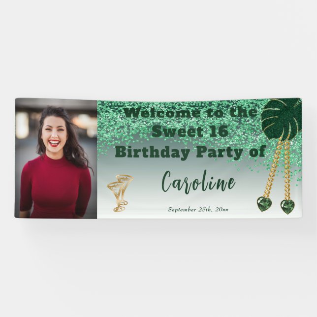 Sweet 16 Green Glitzer, Heart Gems & Foto Banner (Horizontal)