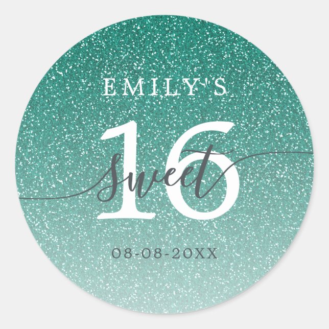Sweet 16 Green Glitzer Ombre Individuelle Name Dat Runder Aufkleber (Vorderseite)