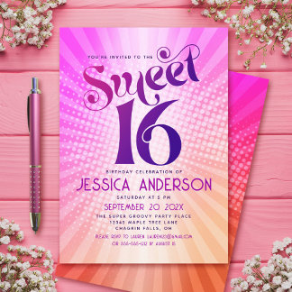 Sweet 16 Groovy Pink Orange Gradient Retro Boho Einladung