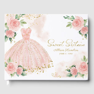 Sweet 16 Guest Book Blush Pink Gown Floral Gästebuch