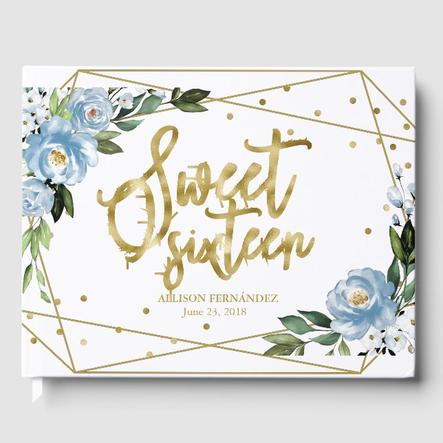 Sweet 16 Guest Book Gold Foil Dusty Blue Floral Gästebuch (Vorderseite)