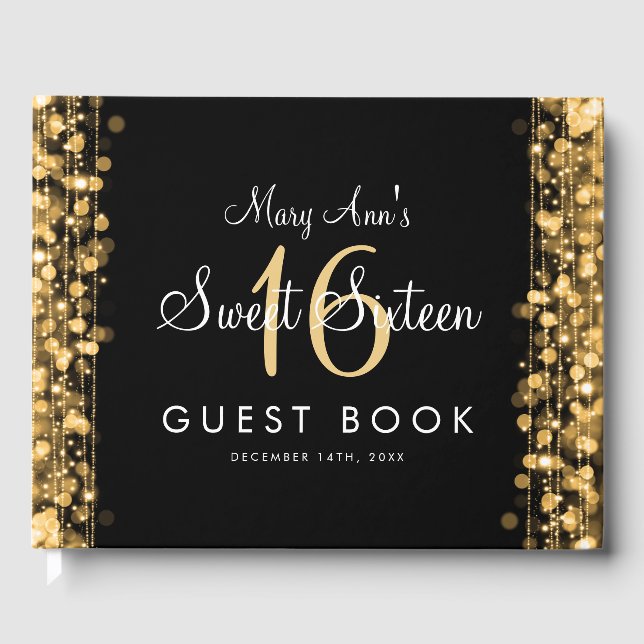 Sweet 16 Guestbook Party Glitzern Gold Gästebuch (Vorderseite)