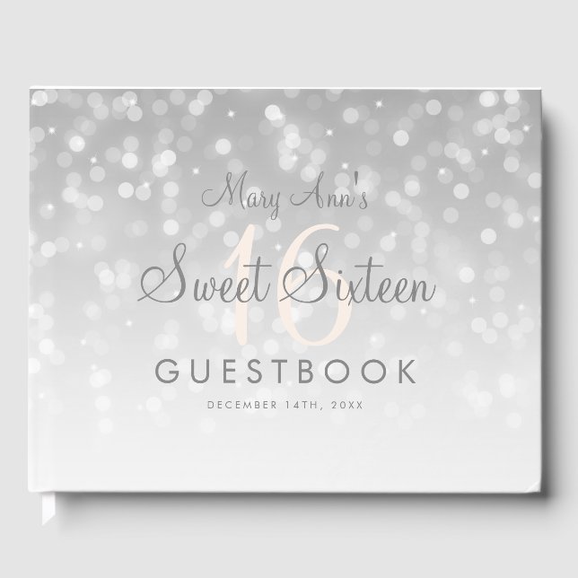 Sweet 16 Guestbook Silver Bokeh Sparkle Light Gästebuch (Vorderseite)