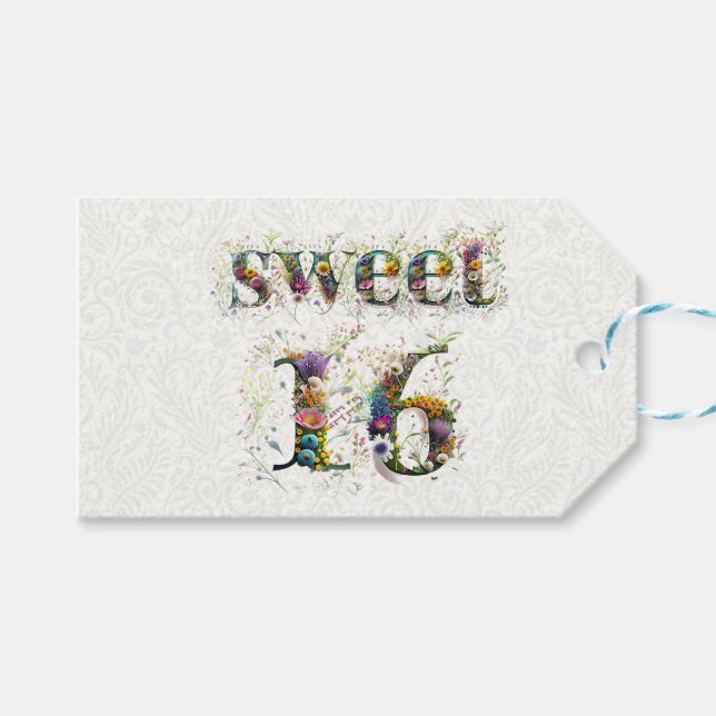 Sweet 16 Happy Birthday Wildblumen Text Geschenkanhänger (Vorderseite (Horizontal))