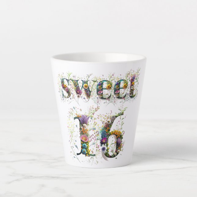 Sweet 16 Happy Birthday Wildblumen Text Milchtasse (Vorderseite)