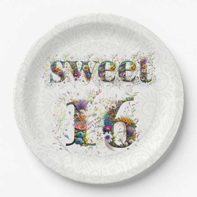 Sweet 16 Happy Birthday Wildblumen Text Pappteller (Vorderseite)
