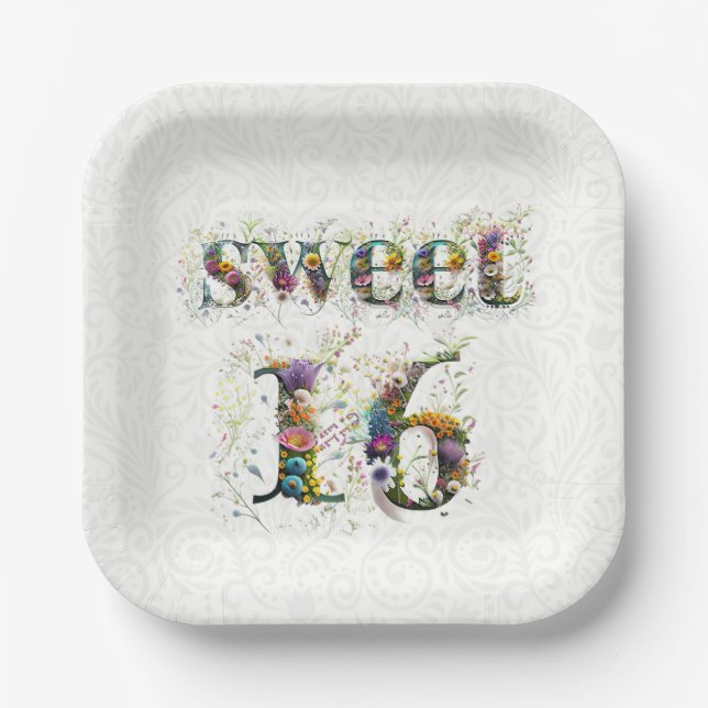 Sweet 16 Happy Birthday Wildblumen Text Pappteller (Vorderseite)