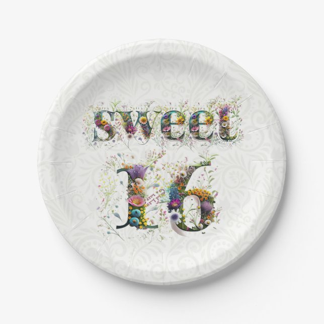 Sweet 16 Happy Birthday Wildblumen Text Pappteller (Vorderseite)