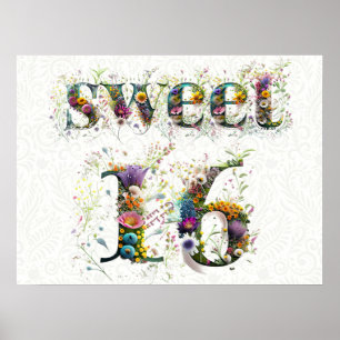 Sweet 16 Happy Birthday Wildblumen Text Poster