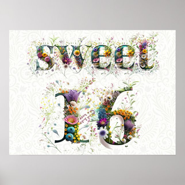 Sweet 16 Happy Birthday Wildblumen Text Poster (Vorne)
