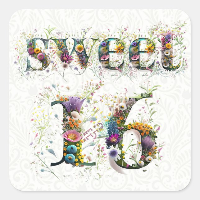 Sweet 16 Happy Birthday Wildblumen Text Quadratischer Aufkleber (Vorderseite)