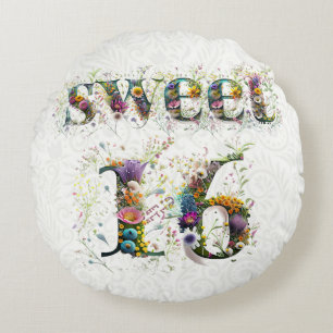 Sweet 16 Happy Birthday Wildblumen Text Rundes Kissen