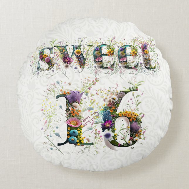 Sweet 16 Happy Birthday Wildblumen Text Rundes Kissen (Vorderseite)