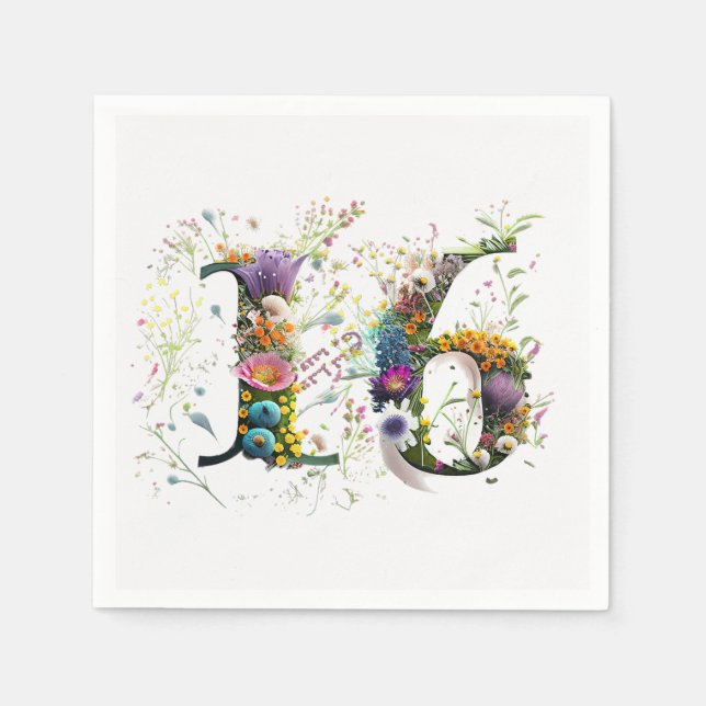 Sweet 16 Happy Birthday Wildblumen Text Serviette (Vorderseite)