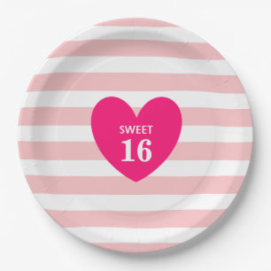 Sweet 16 Heart on Pink & White Striped Paper Plat Pappteller