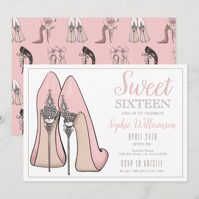 Sweet 16 High Heel Geburtstag Einladung (Vorne/Hinten)