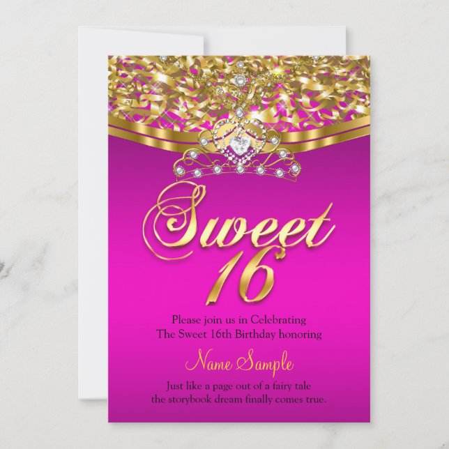 Sweet 16 Hot Pink Birthday Party Glitzer Gold Einladung (Vorderseite)