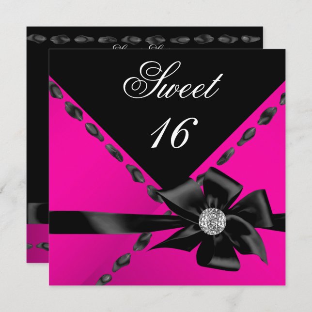 Sweet 16 Hot Pink Bow Black Birthday Party Einladung (Vorne/Hinten)