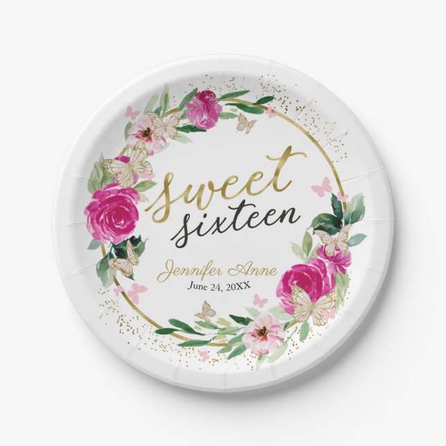 Sweet 16 Hot Pink Floral Butterfly Pappteller (Vorderseite)