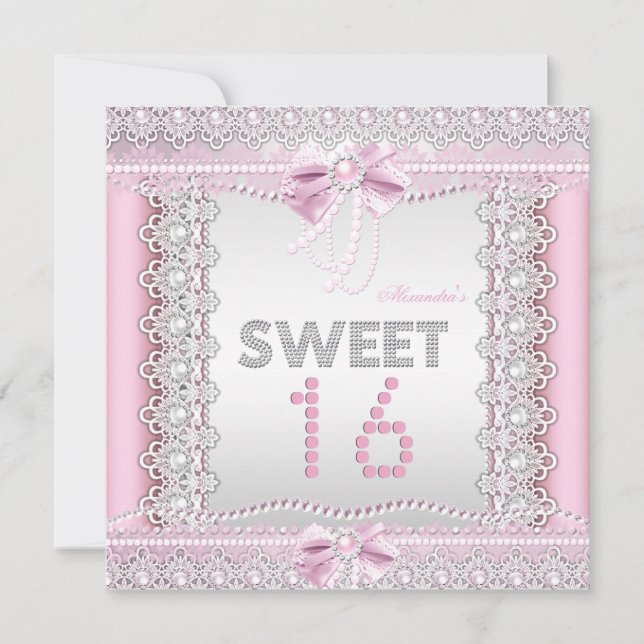 Sweet 16 Hübsch Pink White Pearls Lace Bow Einladung (Vorderseite)