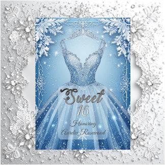 Sweet 16 Icy Blue Silver Winter Frost Snowflakes  Einladung