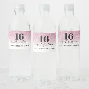Sweet 16 Imitate Hot Pink Glitzer Geburtstag Wasserflaschenetikett