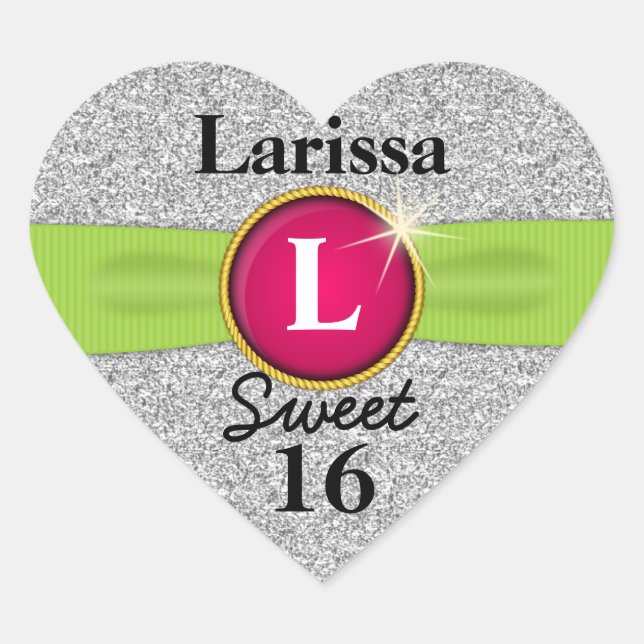 Sweet 16 Imitats Ribbon Jewel Silver Glitzer Herz Herz-Aufkleber (Vorderseite)