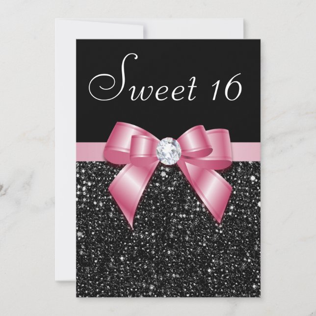 Sweet 16 Imitats Sequins Diamonds Bow Black Pink Einladung (Vorderseite)