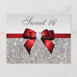 Sweet 16 Imitats Silver Sequins Diamonds Red Bow Einladung