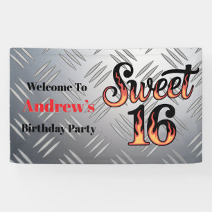 Sweet 16 in Feuerflammen und Silberplatte Banner