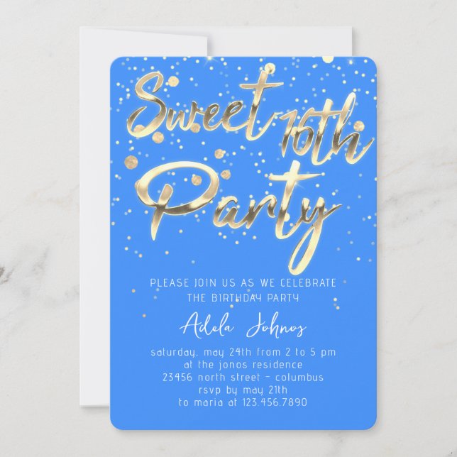 Sweet 16. Instant Download Blue Gold Confetti Einladung (Vorderseite)