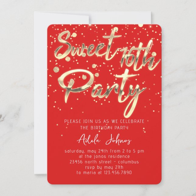 Sweet 16. Instant Download Red Gold Confetti Einladung (Vorderseite)