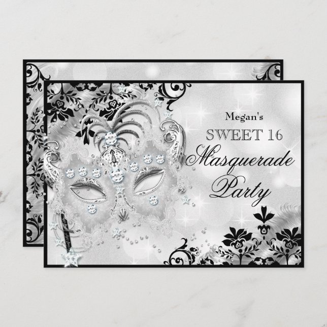 Sweet 16 Jewel Mask & Damask Silver Masquerade Einladung (Vorne/Hinten)