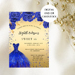 Sweet 16 königsblaue goldene Glitzer Kleiderfloral Einladung<br><div class="desc">Eine moderne,  stilvolle und glamouröse Einladung zu einer Sweet 16. Geburtstagsfeier. Ein goldenes Imitat mit Imitat blauen Glitzern und einem königsblauen Kleid und Rose,  Blumen. Der Name ist mit einem modernen handgeschriebenen Stilskript geschrieben. Personalisieren Sie Ihre Party-Daten und fügen Sie sie hinzu.</div>