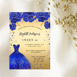 Sweet 16 königsblaue goldene Glitzer Kleiderfloral Einladungspostkarte<br><div class="desc">Eine moderne,  stilvolle und glamouröse Einladung zu einer Sweet 16. Geburtstagsfeier. Ein goldenes Imitat mit Imitat blauen Glitzern und einem königsblauen Kleid und Rose,  Blumen. Der Name ist mit einem modernen handgeschriebenen Stilskript geschrieben. Personalisieren Sie Ihre Party-Daten und fügen Sie sie hinzu.</div>