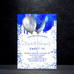 Sweet 16 königsblaue, weiße Ballons Glitzer Tropfe Einladungspostkarte<br><div class="desc">Ein weißer Hintergrund. Dekoriert mit königsblauen Imitaten Glitzer Tropfen malen tropfende Aussehen,  Glitzern. Königlich blaue und Imitate silberne Ballons. Personalisieren und fügen Sie einen Namen und Party-Details hinzu. Der Name wird mit einem handgeschriebenen Stilskript geschrieben. Zurück: royalblauer Hintergrund.</div>
