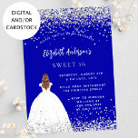 Sweet 16 königsblaues Glitzer Kleid Einladung<br><div class="desc">Eine moderne,  stilvolle und glamouröse Einladung zu einer Sweet 16. Geburtstagsfeier. Ein königsblauer Hintergrund mit Imitaten Glitzer Staub,  ein Mädchen mit einem Kugelkrug. Der Name ist mit einem modernen handgeschriebenen Stilskript geschrieben. Personalisieren Sie Ihre Party-Daten und fügen Sie sie hinzu.</div>