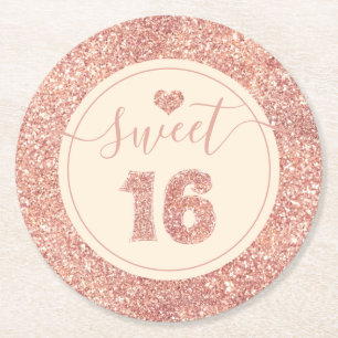 Sweet 16 Lachs Rosa Imitate Glitzer Geburtstagspar Runder Pappuntersetzer