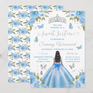Sweet 16 Light Blue Princess African American Girl Einladung