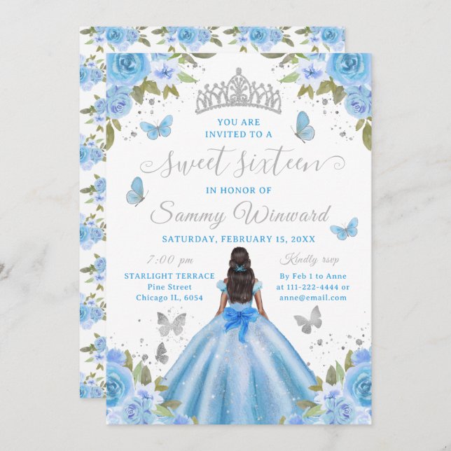 Sweet 16 Light Blue Princess African American Girl Einladung (Vorne/Hinten)