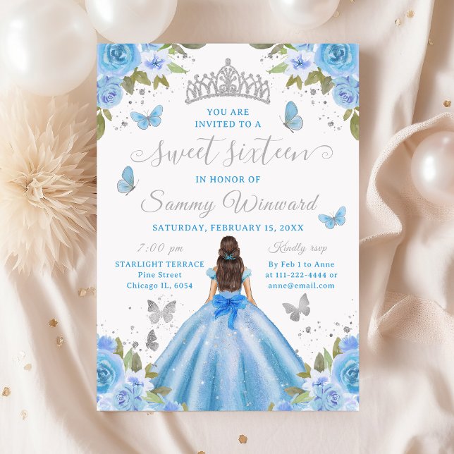 Sweet 16 Light Blue Princess Brunette Girl Einladung (Von Creator hochgeladen)