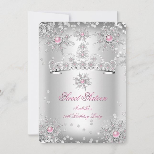 Sweet 16 Light Pink Silver Winter Wonderland Einladung (Vorderseite)