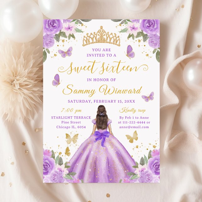 Sweet 16 Light Purple Princess Brunette Girl Einladung (Von Creator hochgeladen)